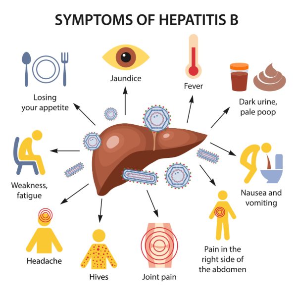 Hepatitis liver. Symptoms of hepatitis B in the form of color icons with corresponding marks. Vector illustration in flat style isolated on white background.